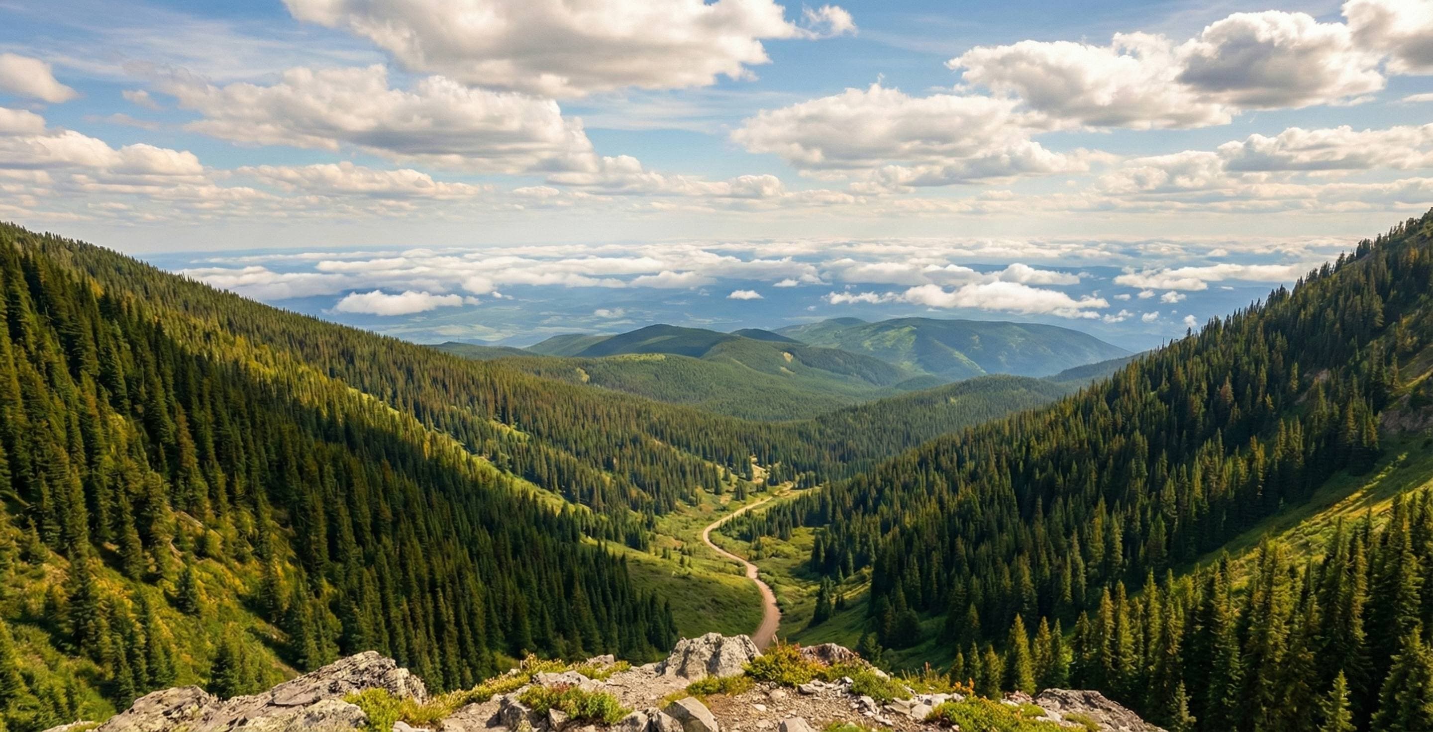Misty mountain landscape with evergreen trees